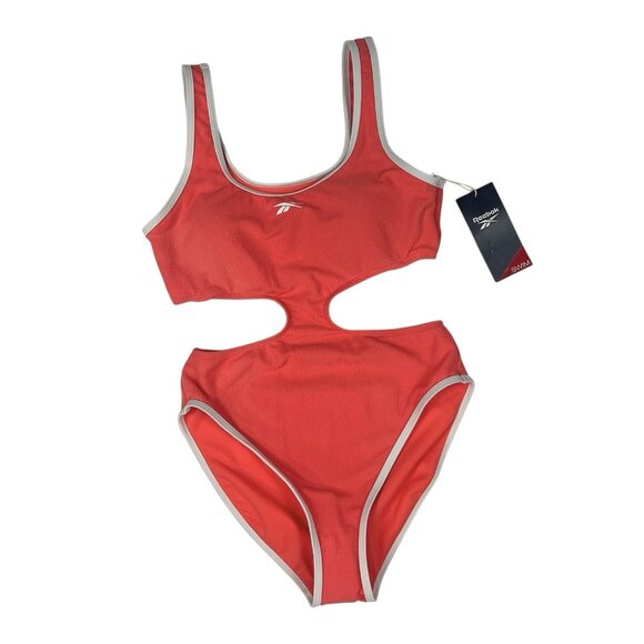REEBOK Cutout Piping-Trim Tank One Piece Swimsuit Sz Small Neon Coral Monokini - Picture 8 of 9